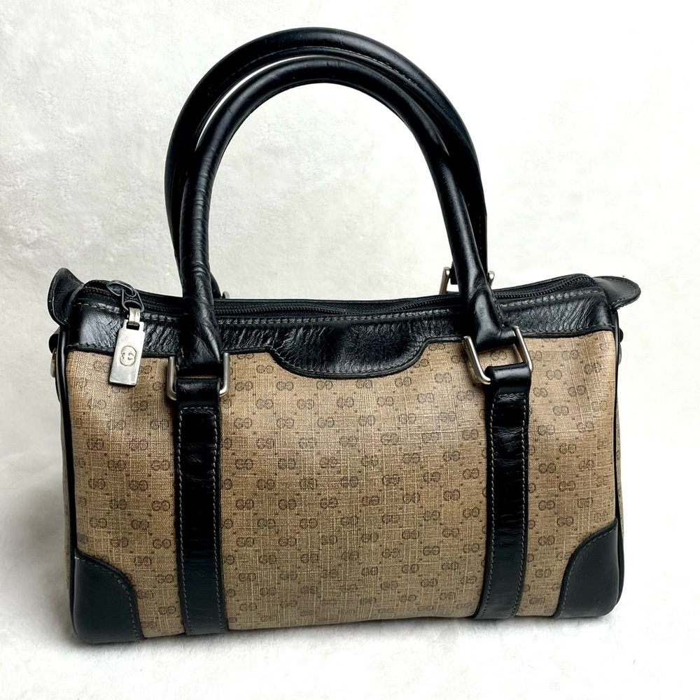 Gucci Vintage Micro GG Boston Bag circa 1970’s in Canvas & Black Leather